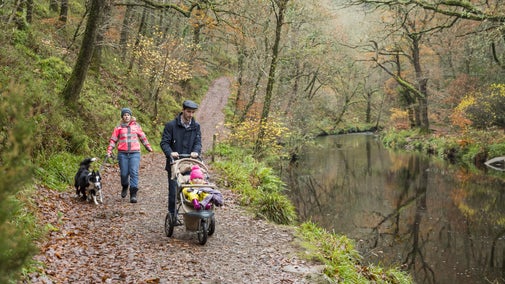 Visitors walking the Teign Gorge on the Castle Drogo estate, Devon
